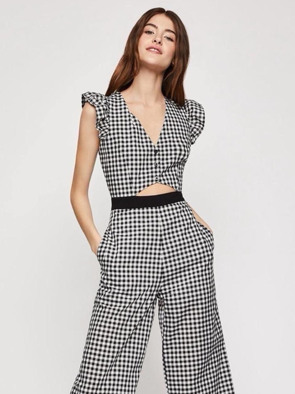 BCBGeneration Black & White Gingham Wide-Leg Jumpsuit Ruffle Sleeves SIZE 0